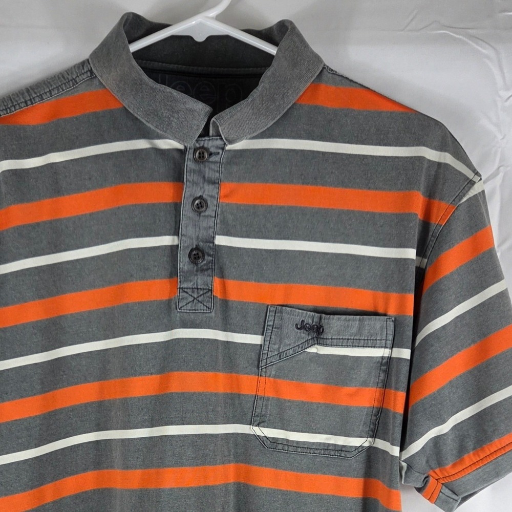 Jeep Mens XL Gray Orange Striped Short Sleeve Pocket Polo Shirt Casual Outdoor
